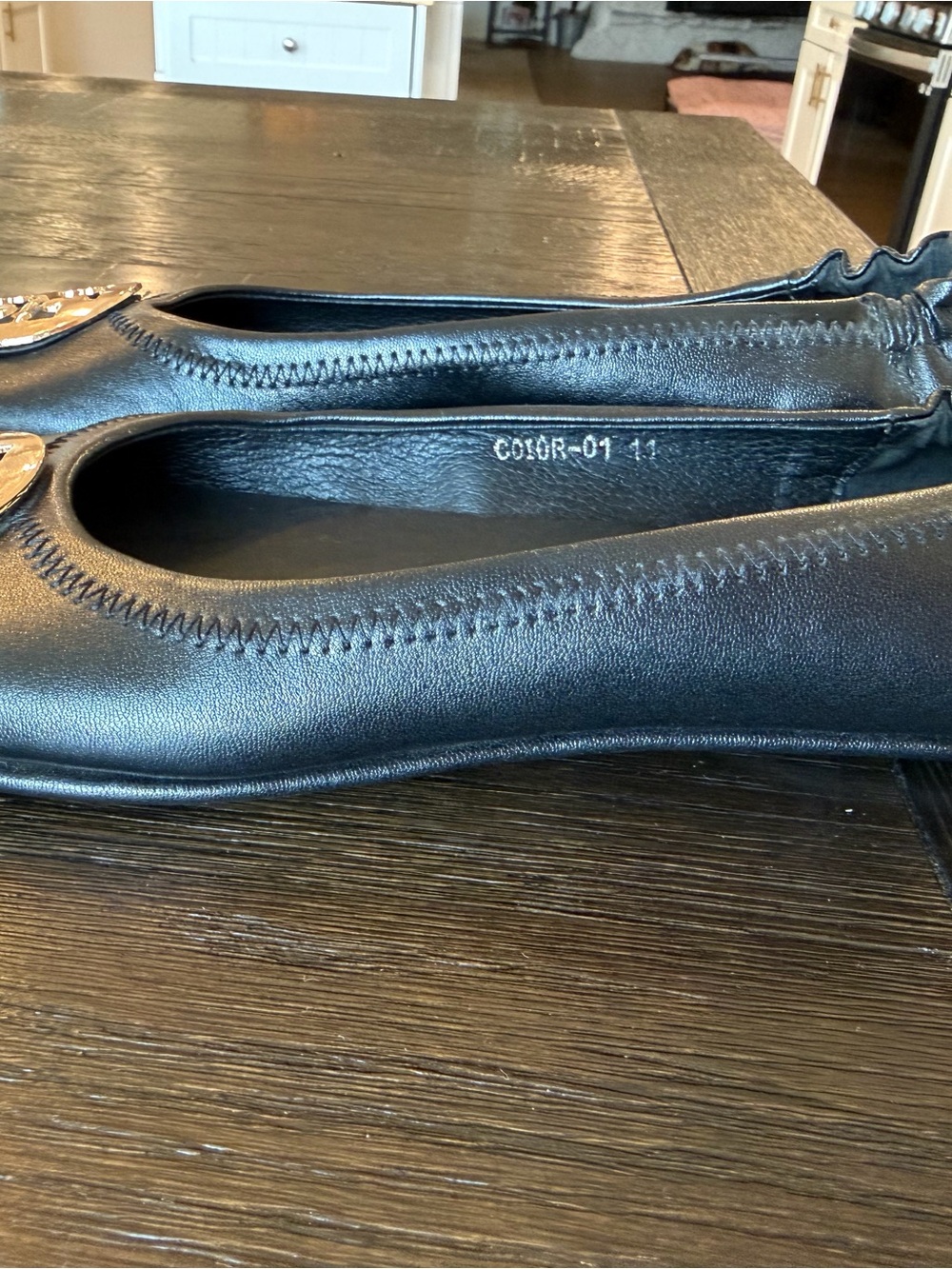 Tory Burch Black Leather Ballet Flats with Gold Logo Medallion - Picture 2 of 5